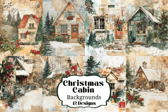 12 Christmas Cabin Winter Scene Illustra