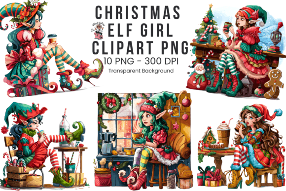 Christmas Elf Girl Clipart PNG Bundle for Illustrations