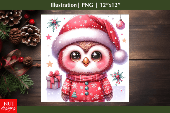 Christmas Illustration PNG Owl with Gift
