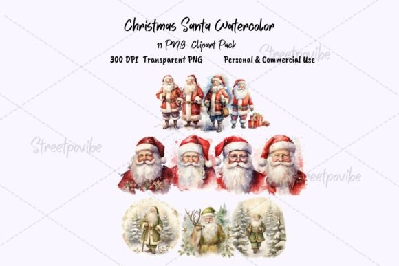 Christmas Santa Watercolor Clipart PNG for Illustrations