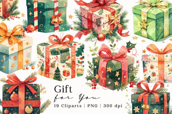 Gift Christmas New Year Watercolor PNG: Illustrations for Seasonal Branding