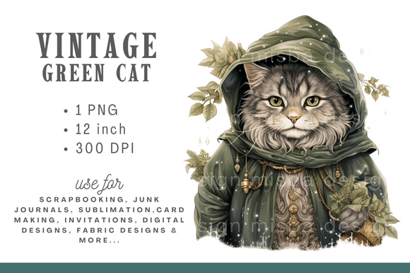 Green Vintage Christmas Cat Clipart