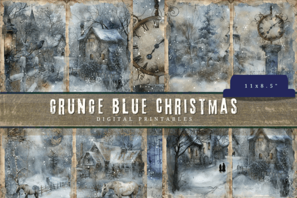 Grunge Blue Christmas Junk Journal Pages