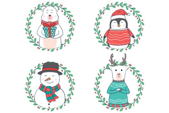 Set of Cute Christmas Cartoon Character Illustrations