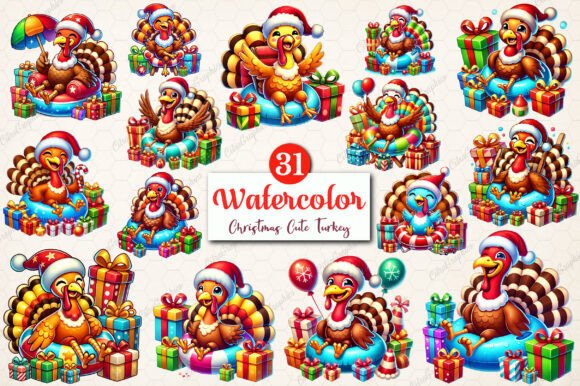 Watercolor Christmas Cute Turkey Clipart
